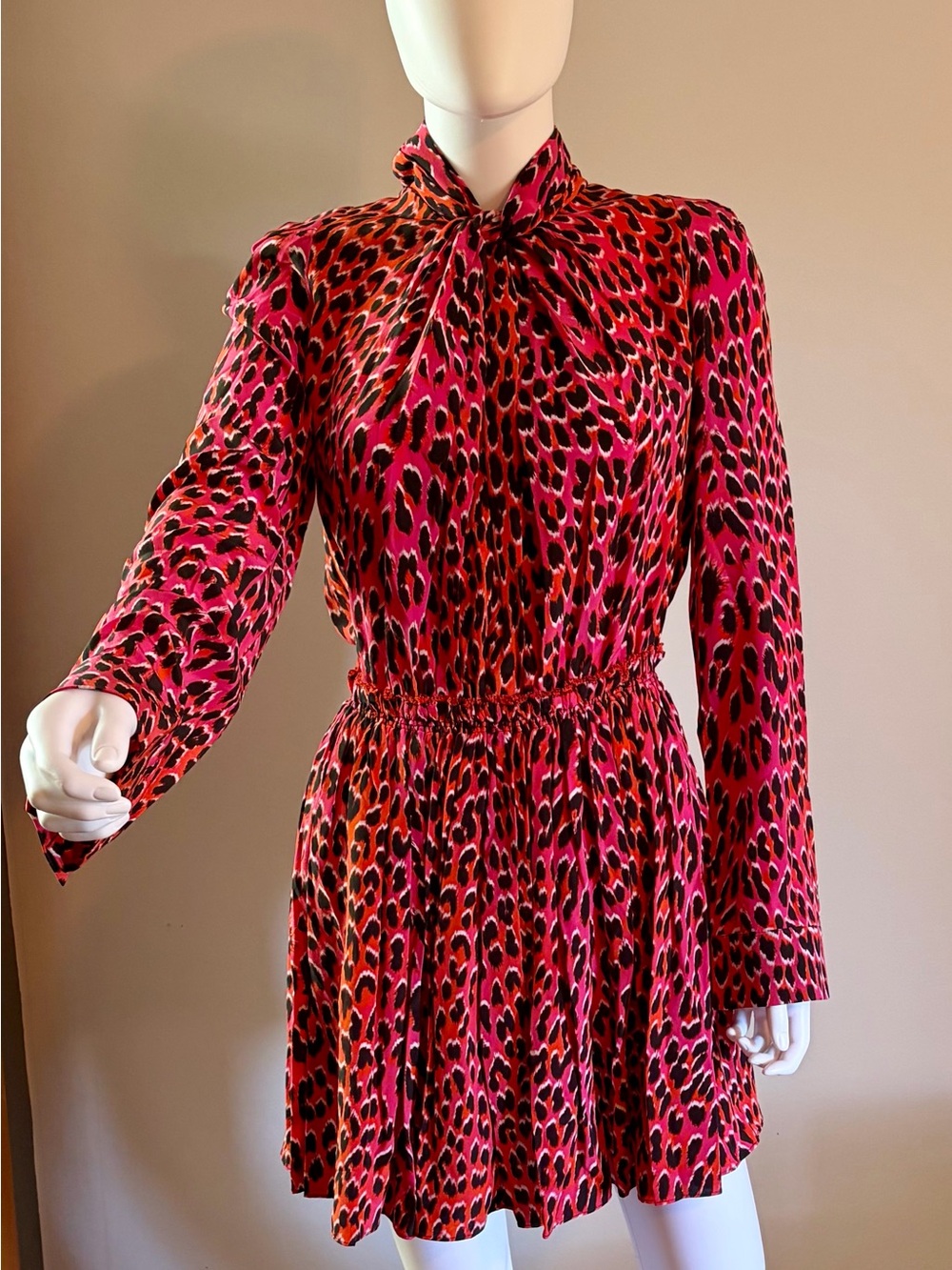 Zadig & Voltaire Pink and Black Leopard-Print Tie-Neck Long-Sleeve Dress Silk